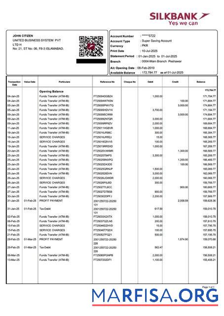 Downloadable Pakistan Silkbank account statement word template
